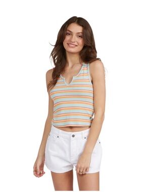 Roxy Striped Ribbed V-Neck Notch Neck Happy Days Tank Top Teal Cool Blue Orange